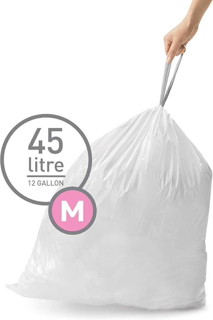 simplehuman Code M, Dispenser Pack Custom Fit Liners, Drawstring Trash Bags, 45 Liter / 11.9 Gallon, White, 200 Count (Pack of 2)