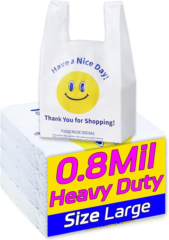 0.8Mil(20 Microns), 50 Count, Plastic Bags with Handles, T-Shirt bags, Thank You bags, Shopping Bag, Grocery Bag, |for Store, Carry, Pack|, White, 1/6 Barrel, Large 11"x6"x21", Heavy Duty