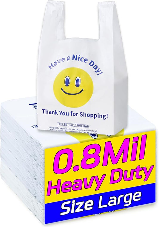 0.8Mil(20 Microns), 50 Count, Plastic Bags with Handles, T-Shirt bags, Thank You bags, Shopping Bag, Grocery Bag, |for Store, Carry, Pack|, White, 1/6 Barrel, Large 11"x6"x21", Heavy Duty