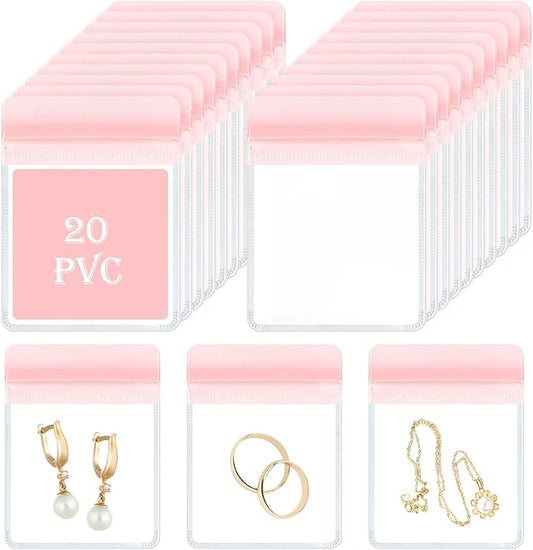 Travel Jewelry Bags, 20Pcs Clear Travel Jewelry Organizer, Portable Anti Tarnish Jewelry Storage Pouch Bag Gift for Women Girl, 20Pcs Pink Bags