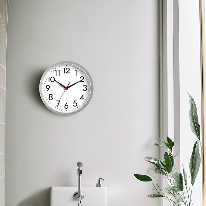 Wall Clock Modern Battery Operated 10 Inch Simple Silent Non-Ticking Decorative for Kitchen Office Outdoor Bedroom Living Room School Classroom (Silver)