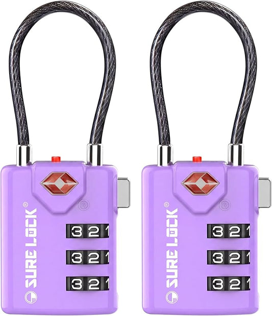 SURE LOCK TSA Approved Combination Luggage Locks with Open Alert Indicator – Durable Zinc Alloy Cable Travel Locks with Large Easy-Read Dials for Suitcases, Backpacks & Gym Bags(2, Purple 2 Pack)
