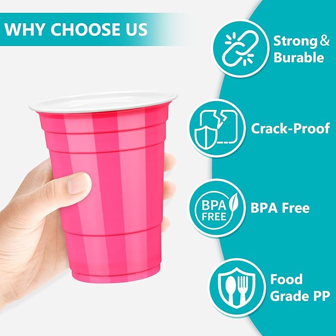 LANLISA 50 Hot Pink Plastic Cups, 16 oz Disposable Cups, Drinking Cups For Birthday Party, Valentines, Mothers Day