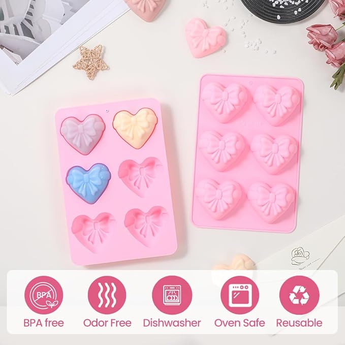 SJ Heart&Bow Shaped Silicone Mold 2 Packs, Soap Molds for Soap Making, 6 Cavities Heart Silicone Mold for Chocolate Cake Jelly Pudding Handmade Soap Mould Candy Making Ice Cube Trays Set of 2 -Pink