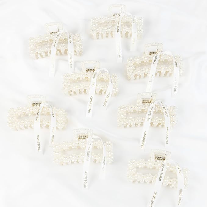 DEEKA Bridesmaid Proposal Gifts 8 Pack Pearl Bridesmaid Hair Claw Clips with Ribbon 3.7 Inch Large Hair Clips Bachelorette Party Favors Bridal Party Present Hair Accessories (Rectangle L)