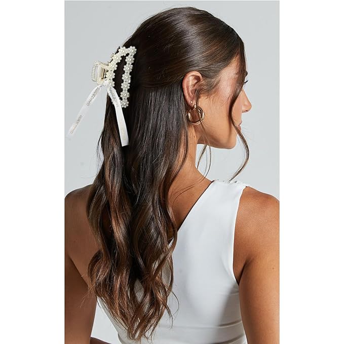 DEEKA Bridesmaid Proposal Gifts 8 Pack Pearl Bridesmaid Hair Claw Clips with Ribbon 3 Inch Hair Clips Bachelorette Party Favors Bridal Party Present Hair Accessories (Half Circle)