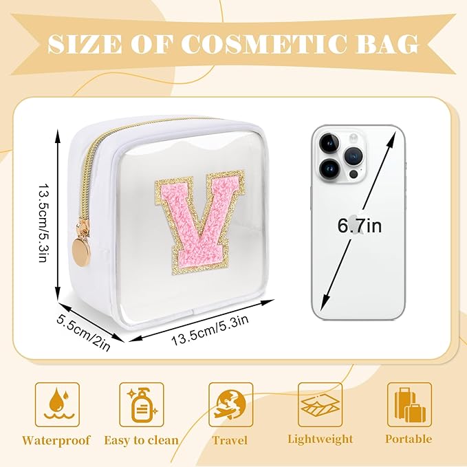 Personalized Initial Letter Clear Preppy Makeup Bag, Mini Nylon Chenille Letter Cosmetic Bag Cute Zipper Pouch Purse for Teen Girls, Portable TSA Approved Beach Travel Essentials Bag Gift for Women, V