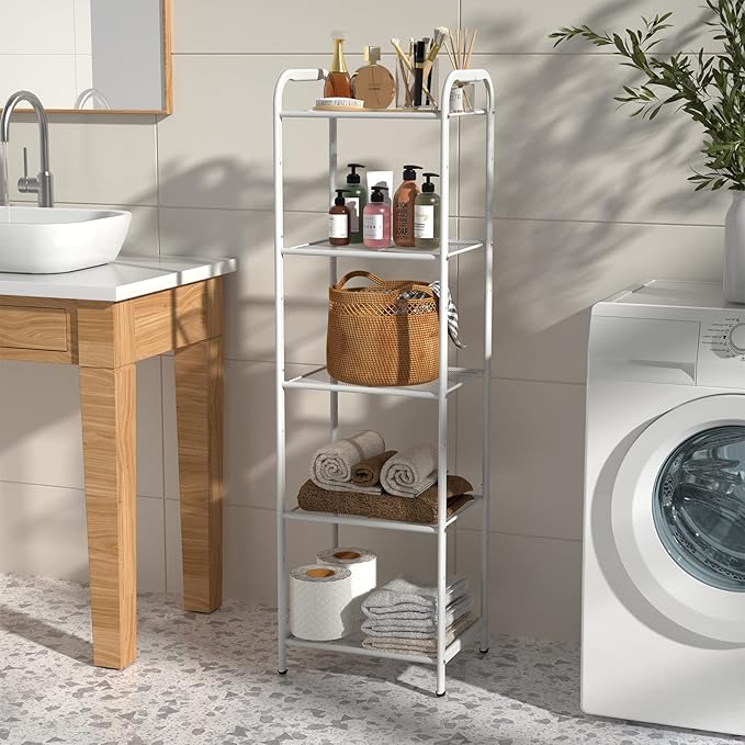 MAX Houser Storage Rack with Shelf,Industrial Style Extendable Plant Stand, Standing Shelf Units for Kitchen, Bathroom, Office,Living Room, Balcony, Kitchen (White, 5 Tier)