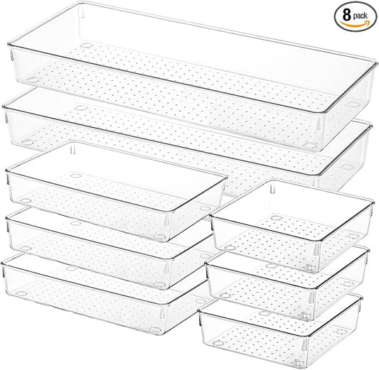 Voova 8 Pack Plastic Drawer Organizers Set,3-Size Kitchen and Office Desk Drawer Organizer Trays,Acrylic Non Slip Storage Bin Divider for Makeup, Jewelry,Gadgets Utensils,Bedroom,Bathroom Vanity,Clear