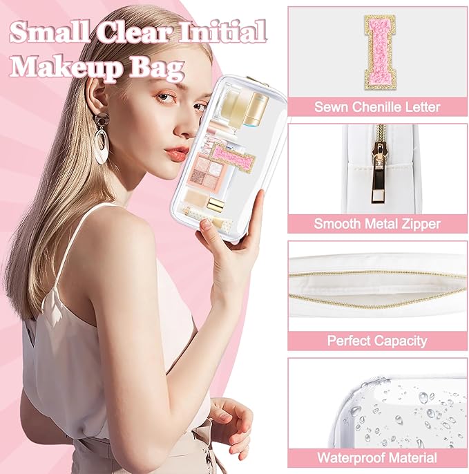 Small Clear Personalized Initial Makeup Bag,Nylon Preppy A-Z Chenille Letter Patch Cosmetic Pouch Beach Toiletry Bag,Waterproof Zipper Travel Purse Storage Bag Organizer for Women Girls(White-Pink I)