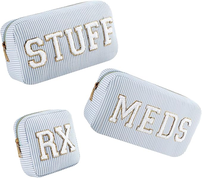 uekeboag Seersucker Chenille Letter Stuff Meds RX Makeup Bag, Travel Washable Purse Organizer with Zipper, Lightweight Toiletry Cute Personalized Preppy Cosmetic Bag For Women and Girls(3pcs Blue)