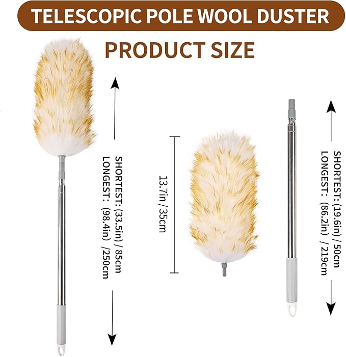 iHUFeather Lambswool Duster for Cleaning with Non-Slip Handle 98.4" Removable Retractable Feather Duster for Cleaning Ceiling Fans Window Blinds Interior Roof Furniture (1PCS)