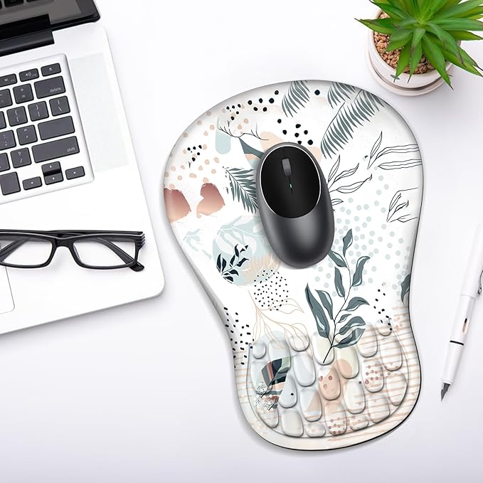 YIWEI Ergonomic Mouse Pad with Wrist Rest - Comfortable Office Mousepad with Memory Foam Wrist Support for Carpal Tunnel Relief, Mouse Pads with Non-Slip Base for Gaming and Home (Boho Leaves)