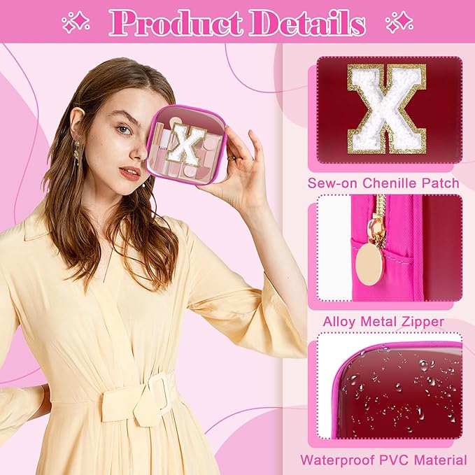 Personalized Initial Letter Clear Preppy Makeup Bag, Mini Nylon Chenille Letter Cosmetic Bag Cute Zipper Pouch Coin Purse for Teen Girls, Portable TSA Approved Travel Essentials Bag Gift for Women, X