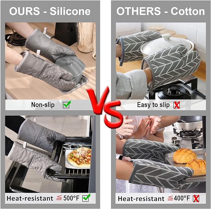 KEGOUU Oven Mitts and Pot Holders 6pcs Set, Kitchen Oven Glove High Heat Resistant 500 Degree Extra Long Oven Mitts and Potholder with Non-Slip Silicone Surface for Cooking (Grey)