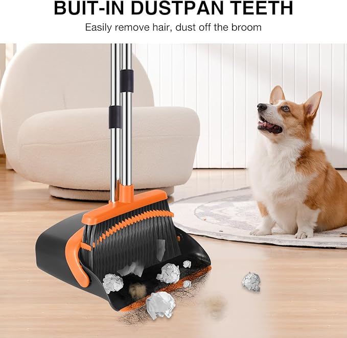 NACENA Broom and Dustpan Set, 52-in Long Adjustable Handle Broom Dustpan Combo with Dustpan Teeth to Automatically Clean Hair Suitable for Home Kitchen Office Hall Floor (Black&Orange), 4 Pack