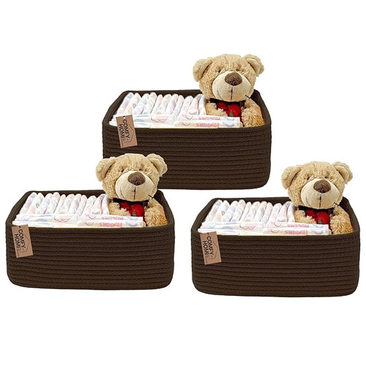 COMFY-HOMI 11.5"x7.5"x4.7" Storage Baskets for Organizing | Cotton Rope Woven Basket | Toy Storage Bin Box | Basket for Shelves, Closet Organizer Bin, Decorative Closet Shelf, 3 Pack, dark brown