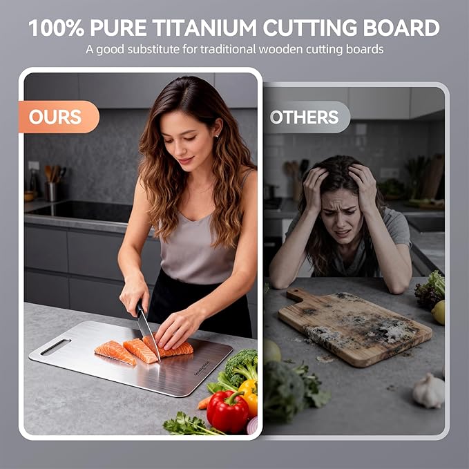 Titanium Cutting Board, 100% Pure Titanium Cutting Boards for Kitchen, Double-Sided Non-Toxic Cutting Board, Ideal for Slicing and Dicing Meats, Features Handle, Dishwasher Safe - 16"L*10"W（silver）
