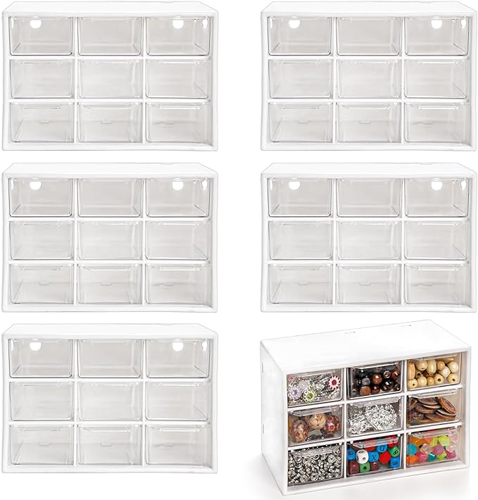 Hacaroa 6 Pack Mini Drawer Organizer with 9 Drawers, Plastic Desktop Craft Storage Case Box for Art Supply, Office Supplies, Cosmetics, Jewelry, Dorm Room, Off White