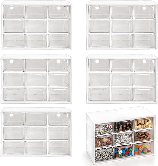 Hacaroa 6 Pack Mini Drawer Organizer with 9 Drawers, Plastic Desktop Craft Storage Case Box for Art Supply, Office Supplies, Cosmetics, Jewelry, Dorm Room, Off White