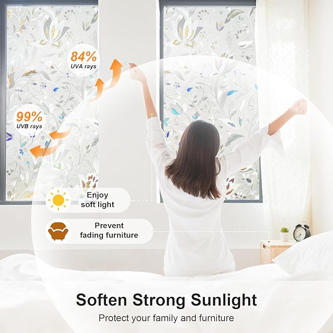 Window Privacy Film, 3D Rainbow Decorative Stained Glass Windows Film, Sun Blocking Window Clings, Static Cling Frosted Glass Windows Sticker Door Covering for Home (Tulip, 17.5" x 78.7")