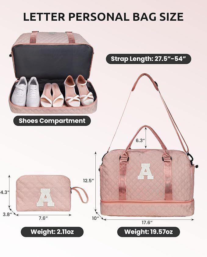 Women Gift-Birthday Gifts, Initial Duffle Bags with Shoe Compartment, Girls Weekender Bag, Overnight Tote for Women, Travel Bag with Makeup Pouch (Letter A)