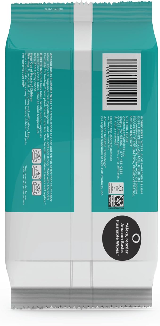 Amazon Basics Flushable Adult Toilet Wipes, Fragrance Free, FSC-Certified, Advanced Flushable Technology, 504 Count (12 Packs of 42)