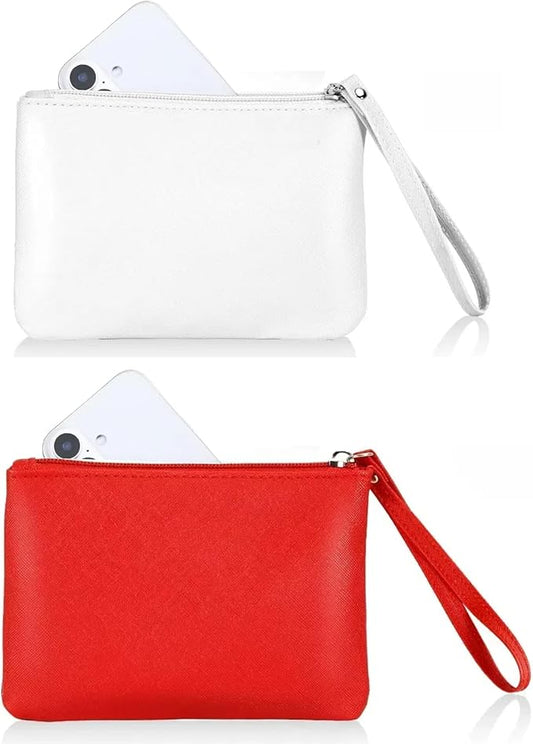 2 Pack Small Zipper Pouch Mini Makeup Bag for Purse Lipstick Cosmetic Travel Make Up Organizer for Women Essentials Feminine Products, Car Change Coin Holder 8x5 Phone Wristlet Wallet, White Red