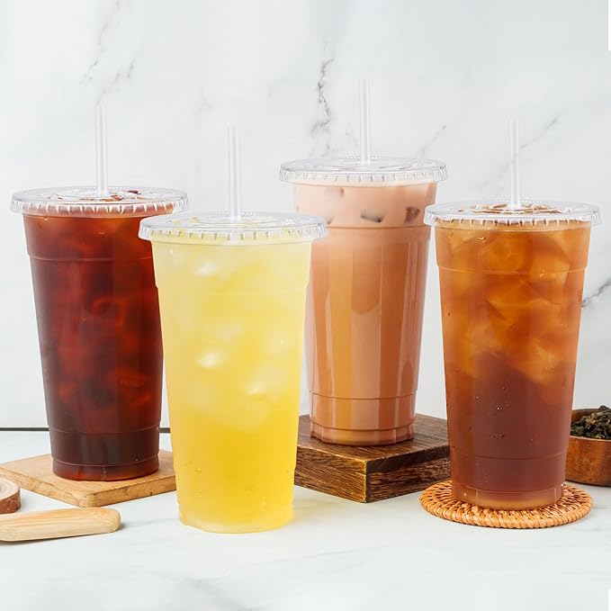 Lamosi 100 Pack 24 oz Clear Plastic Cups with Lids and Straws, Disposable Iced Coffee Cups with Lids for To-Go Cold Drinks, Smoothies and Slushie