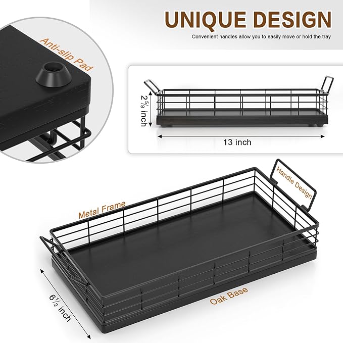 Toilet Paper Basket, 13 Inch Oak and Iron Tank Tray Top of Toilet Storage Toiletries Organizer for Bathroom, Living Room and Kitchen (Black)