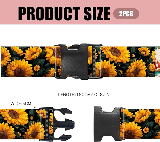 Nuxovilar Luggage Straps of 2 Set Sunflower Pattern, 1.96x90.5 inches - Luggage Straps for Suitcases, Ideal for Nature Trips, Outdoor Journeys, Daily Use
