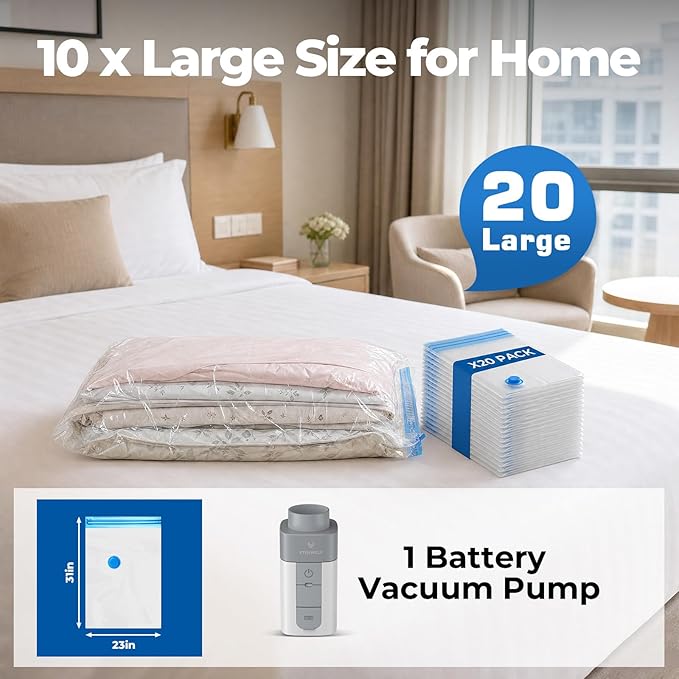 ETENWOLF 20 Pack Large Vacuum Storage Bags with Rechargeable Wireless Pump, Vacuum Seal Bags for Clothes and Travel, Space Saver Compression Bags for Luggage and Suitcases (31.5 X 23.6 inch)