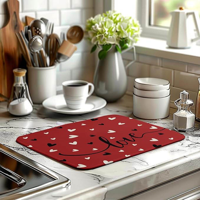 Valentine Dish Drying Mat for Kitchen Counter Valentines Day Red Black Love Heart Holiday Drying Mats Absorbent Microfiber Dish Draining Mat Medium Dish Rack Pad 16x18 Inch