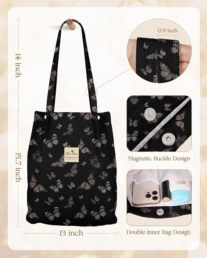 Miss Adola Corduroy Tote Bag for Women - Reusable Totes with Pocket & Buckle Cute Aesthetic Shoulder Bag for Work Travel