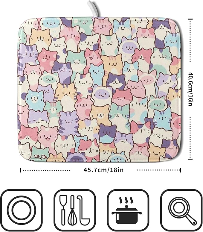 Colorful Cats Dish Drying Mat 16x18 inch Cute Animal Microfiber Reversible Fast Dry Dishes Drainer Rack Pad for Counter Kitchen Table Decor