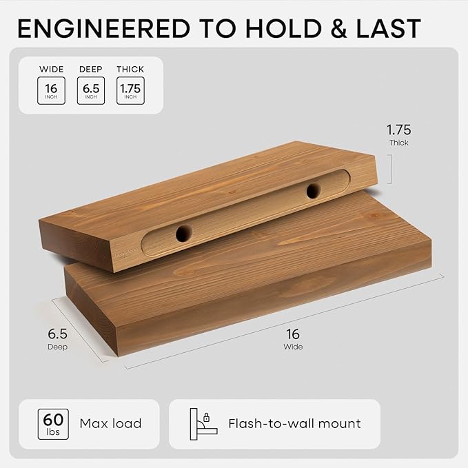 Homeforia 16 inch Golden Oak Floating Shelf, High-End Solid Real Wood 16-inch Small Floating Shelves for Wall Mounted, Oak Wooden 16-inch Floating Shelves, Heavy Duty Bracket, 16 X 6.5 X 1.75 in, Set of 2