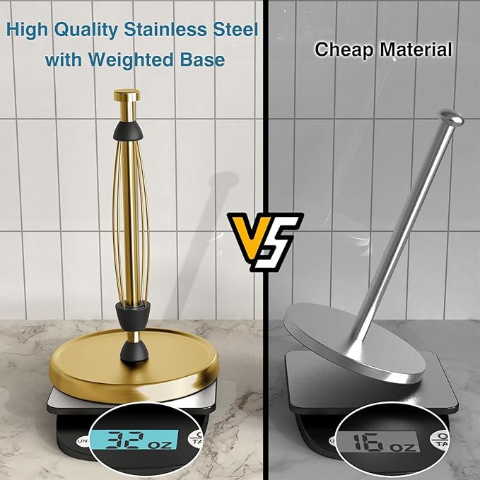 Paper Towel Holder Countertop, Gold Kitchen Accessories Decor, Stainless Steel, Weighted Base, Gold, Paper Towel Roll Holder Stand with Ratchet Mechanism for Kitchen Bathroom Farmhouse Essentials