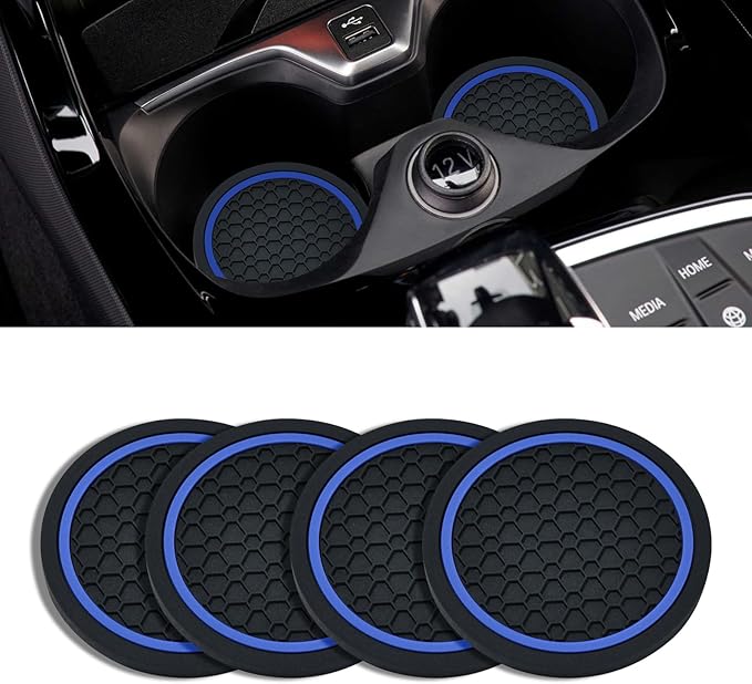 4PCS Car Cup Holder Coasters, 2.75 Inch Non-Slip Insert Cup Holder Pad, Dustproof Automotive Interior Accessories Mat, Universal for Trucks, Vehicles, RVs and More (Black/Blue)