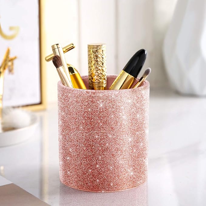WAVEYU Pen Holder for Desk, Pencil Cup Pink Glitter Bling for Women Girls, Luxury Makeup Brush Holder Large Pu Leather Multi-Functional Organizer Cup for Office, Classroom, Home, Rose Gold