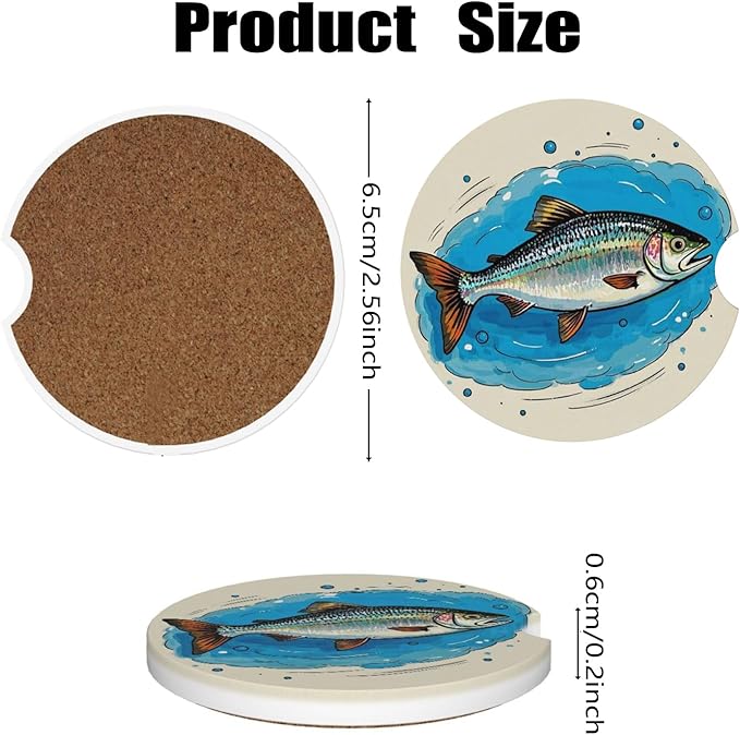 Car Cup Holder Coasters, 2 Pcs Ceramic Coasters with Cork Back and Finger Slot, Anti-Slip Shock Absorbing Women and Men Universal Car Accessories - Salted Fish
