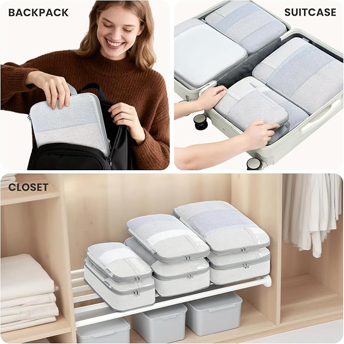 8 Set/6 Set/4 Set Compression Packing Cubes for Travel, Lightweight Vacation Travel Essentials, Travel Accessories for Suitcase Organizer Bags Set, Durable Luggage Organizer