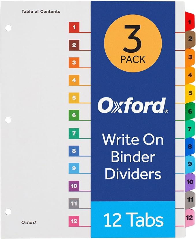 Oxford Binder Dividers, 12 Tabs, Numbered 1–12, 3 Pack, Customizable Table of Contents Page, Reversible Multicolor Tabs, 3-Hole Punched for Binders