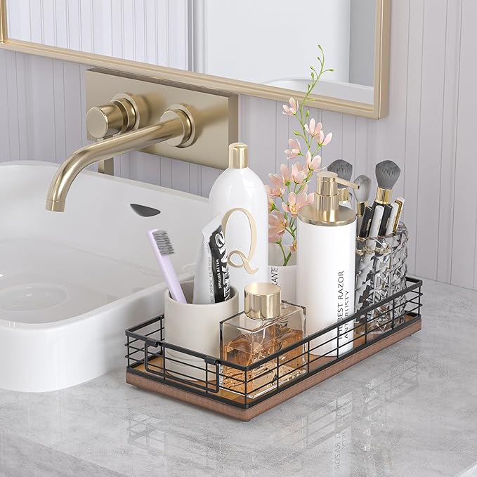 Acacia Toilet Paper Basket 2PCS 13 Inch Bathroom Tank Tray Basket Top of Toilet Storage Toiletries Organizer for Bathroom, Living Room and Kitchen (Acacia & Black)