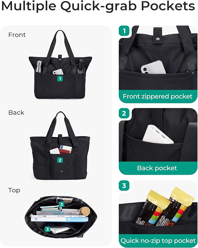 BAGSMART Tote Bag for Women, Foldable Tote Bag With Zipper Travel Large Shoulder Bag Handbag for Work-16.5''L x 6''W x 14''H