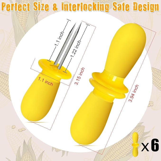 12 Pcs/6 Pairs Corn Holders, Stainless Steel Corn Cob Holders Corn on The Cob Skewers for Home Cooking BBQ Parties Camping, Yellow