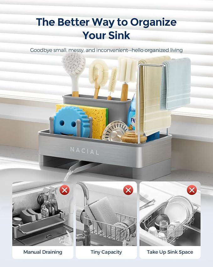 Nacial Sponge Holder for Kitchen Sink, Sink Caddy Organizer with High Brush Holder & Two Towel Racks - Rustproof 304 Stainless Steel Kitchen Countertop Storage Essentials - Grey