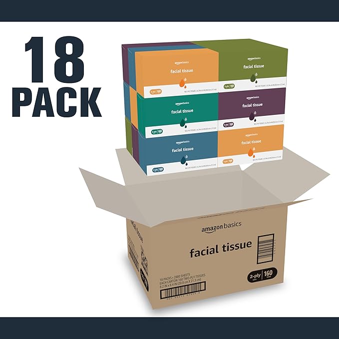 Amazon Basics Facial Tissue, 2-Ply, Soft and Strong, 2880 Count (18 Packs of 160), (Packaging May Vary)