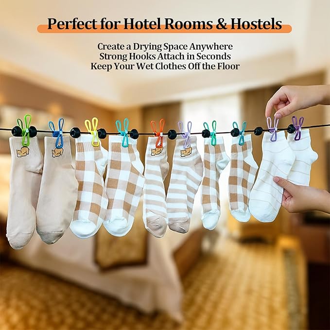 Travel Clothesline Retractable Portable Clothesline with 12 Clips Portable Elastic Camping Clothes Line with Anti-Slip Beads & Stainless Hooks for Hotel, RV, Boat, Outdoor Use (1 Pack)