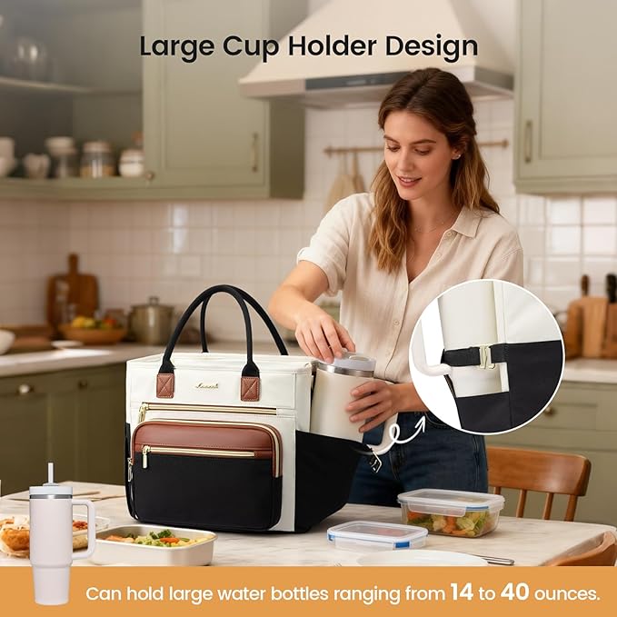 LOVEVOOK Insulated Lunch Bag Women,Wide Opening Adult Lunch Box Women with Cup Holder,X Large Leakproof Cooler Bag for Work Picnic Beach Family College Mom,Lunch Teacher Breast Pump Diaper Tote Bag