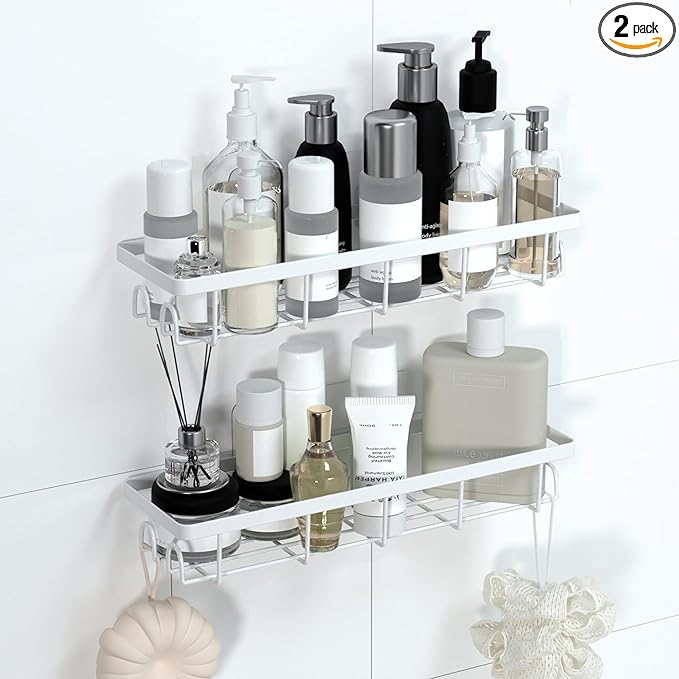 Shower Caddy Organizer with Hooks, Self-Adhesive Bathroom Shelves, No-Drill Bathroom Organizers and Storage, Perfect for RV, Apartment, Home Decor, 2 Pack White